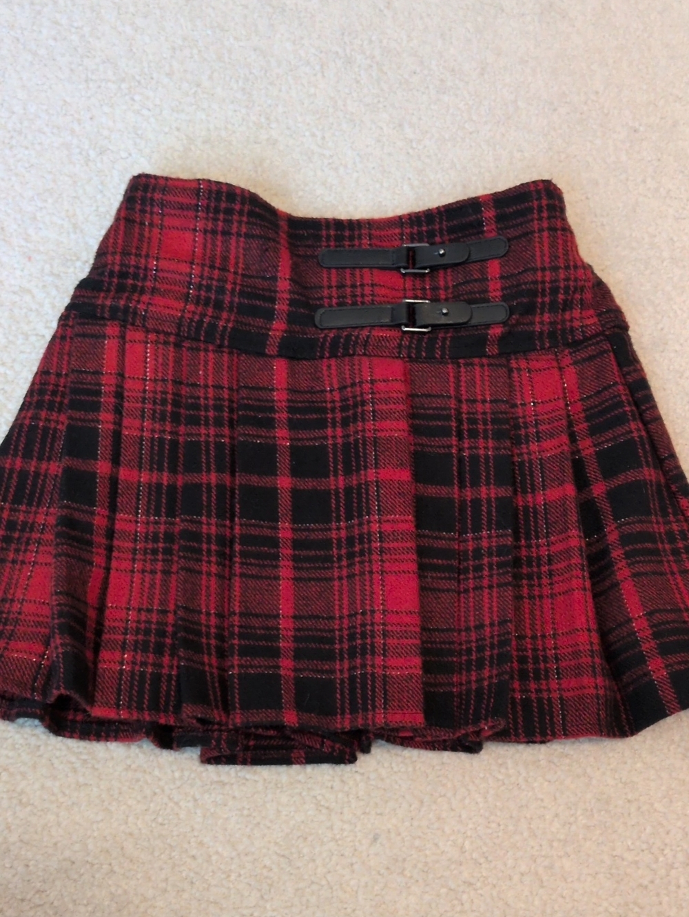 Girls Red and Black Plaid Pleated Skater Skirt with Buckle Straps